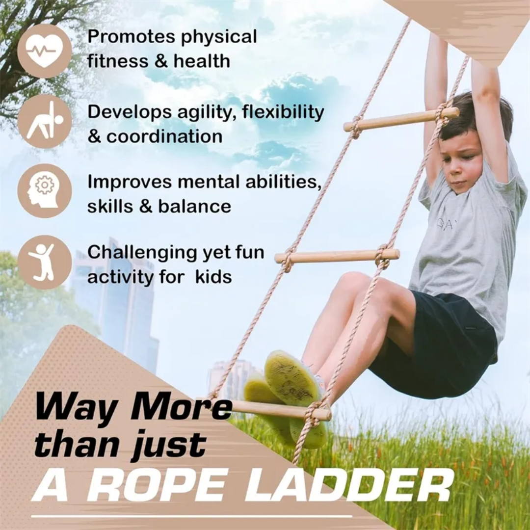 Kids Wooden Climbing Rope Ladder – Strong PE Rope Indoor & Outdoor Adventure Play Set