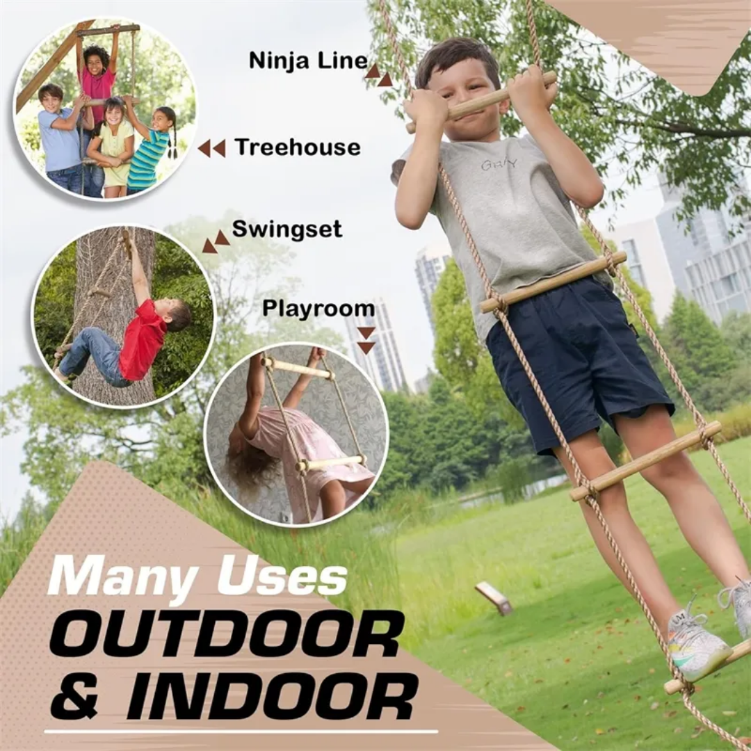 Kids Wooden Climbing Rope Ladder – Strong PE Rope Indoor & Outdoor Adventure Play Set