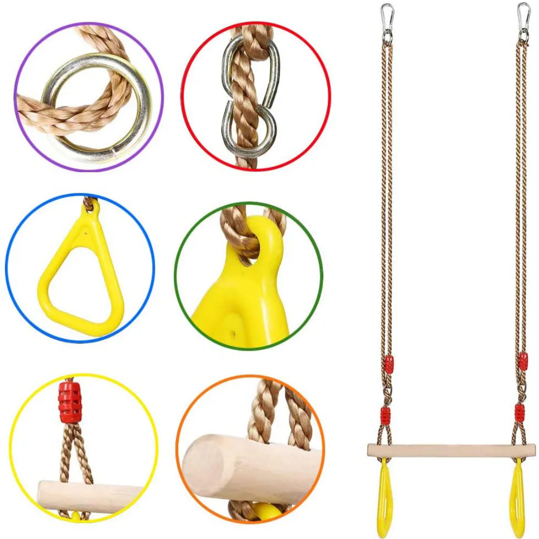 Kids Hanging Trapeze Swing Bar – Wooden Grip with Safety Plastic Handles for Indoor & Outdoor Play