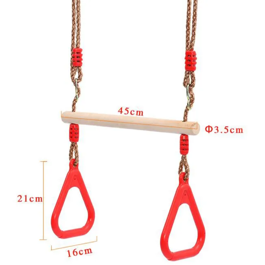 Kids Hanging Trapeze Swing Bar – Wooden Grip with Safety Plastic Handles for Indoor & Outdoor Play