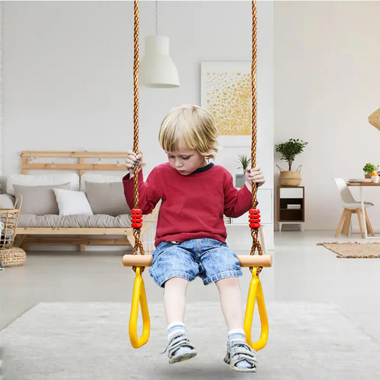Kids Hanging Trapeze Swing Bar – Wooden Grip with Safety Plastic Handles for Indoor & Outdoor Play