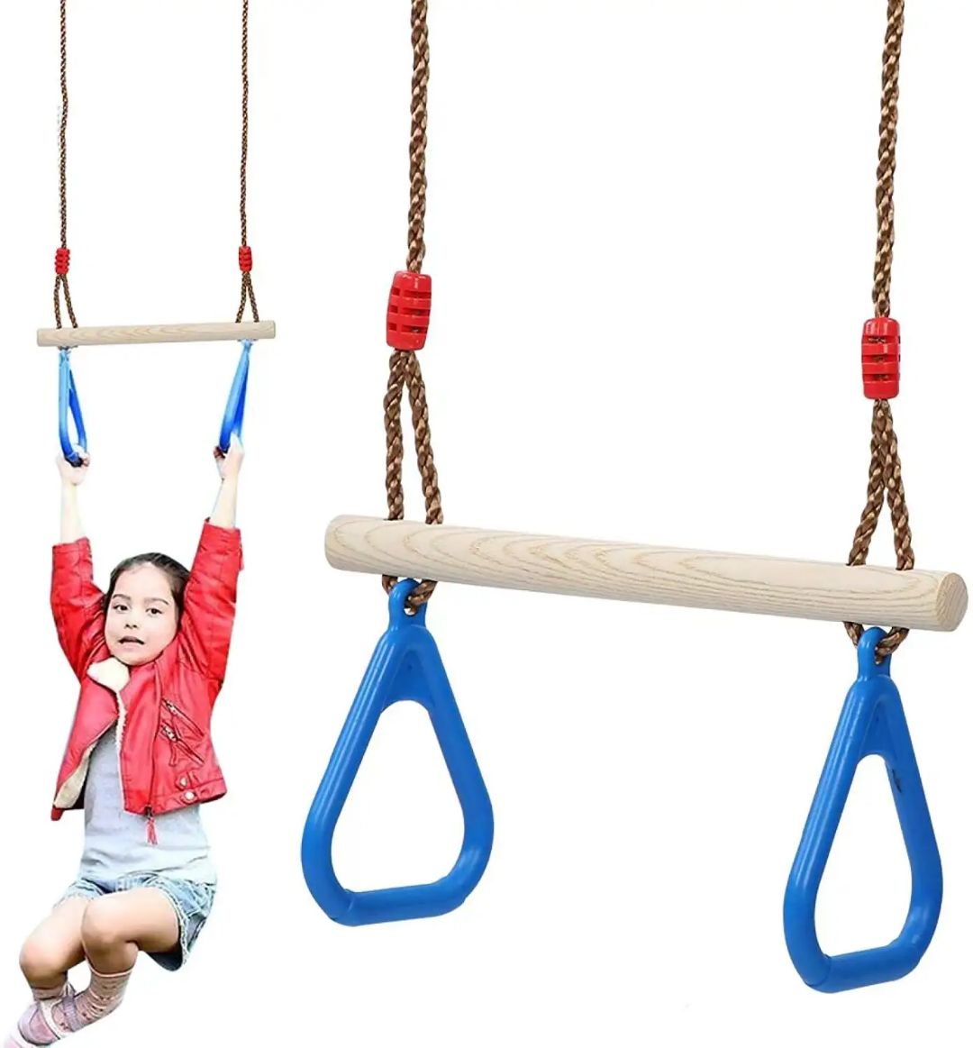 Kids Hanging Trapeze Swing Bar – Wooden Grip with Safety Plastic Handles for Indoor & Outdoor Play