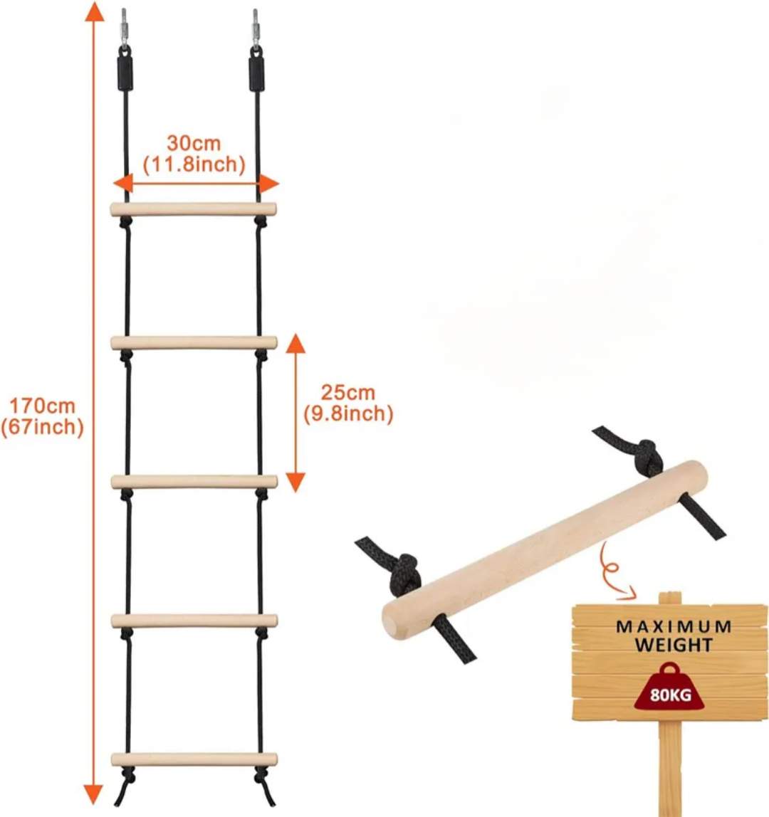 Kids Wooden Climbing Rope Ladder – Strong PE Rope Indoor & Outdoor Adventure Play Set